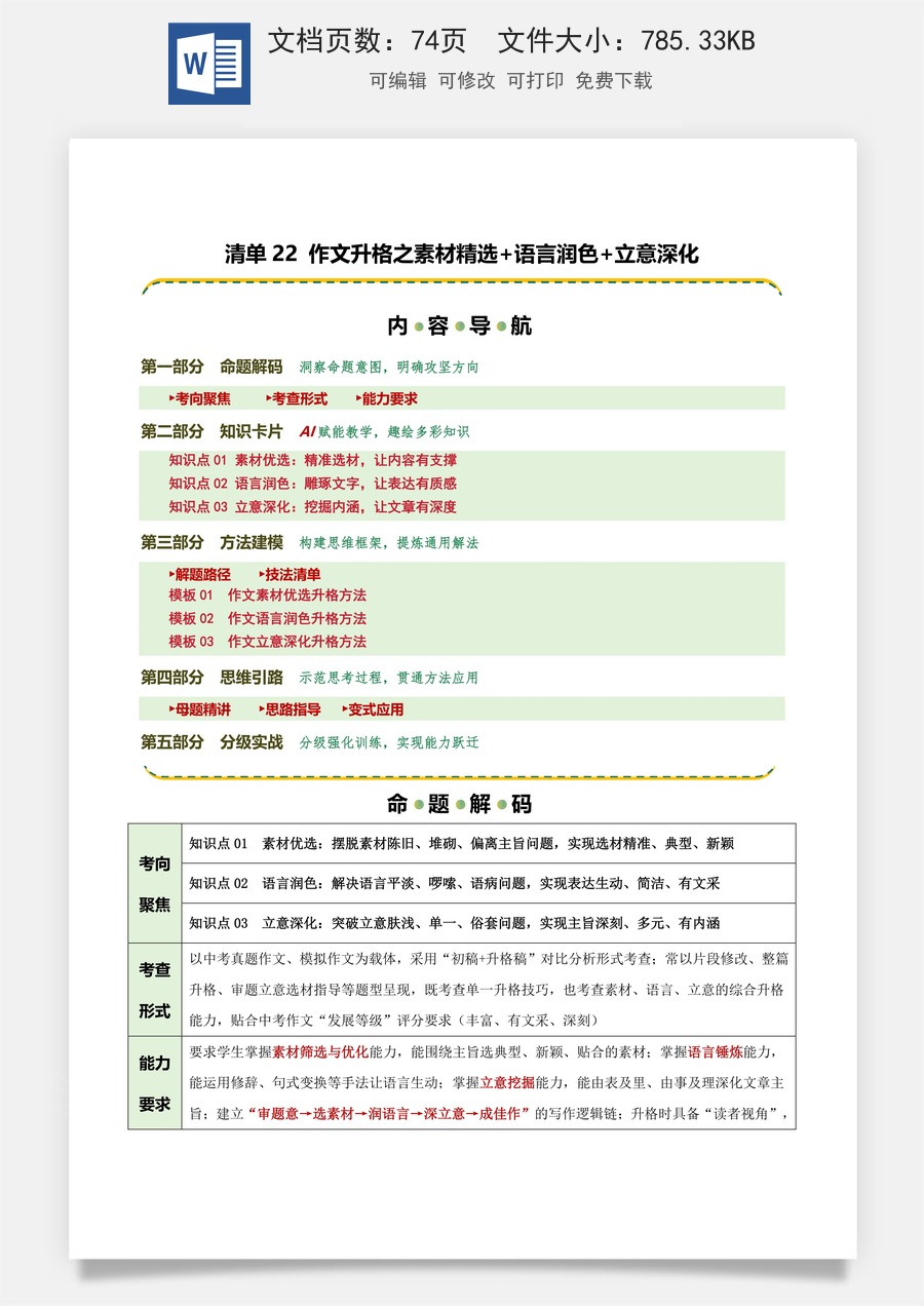 初中-语文-中考语文-二轮复习知识点-清单22 作文升格之素材精选+语言润色+立意深化（知识·方法·能力清单）（教师版）.docx